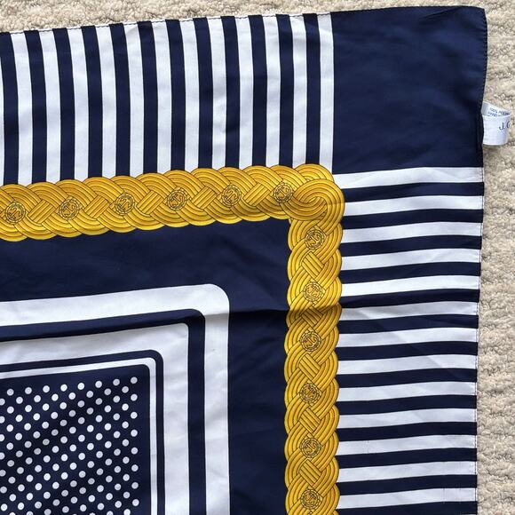Vintage JG Hook square scarf silky navy gold white made in Italy with FLAWS - Picture 3 of 10